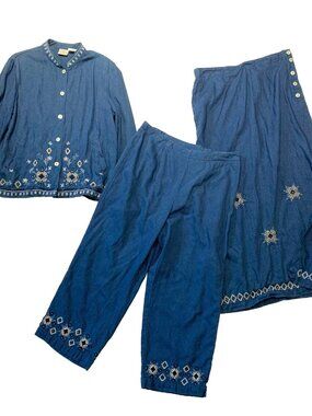 VTG 80s 90s Koret City Blues 3pc Set Shirt Pants Skirt Embroidered Boho Artsy